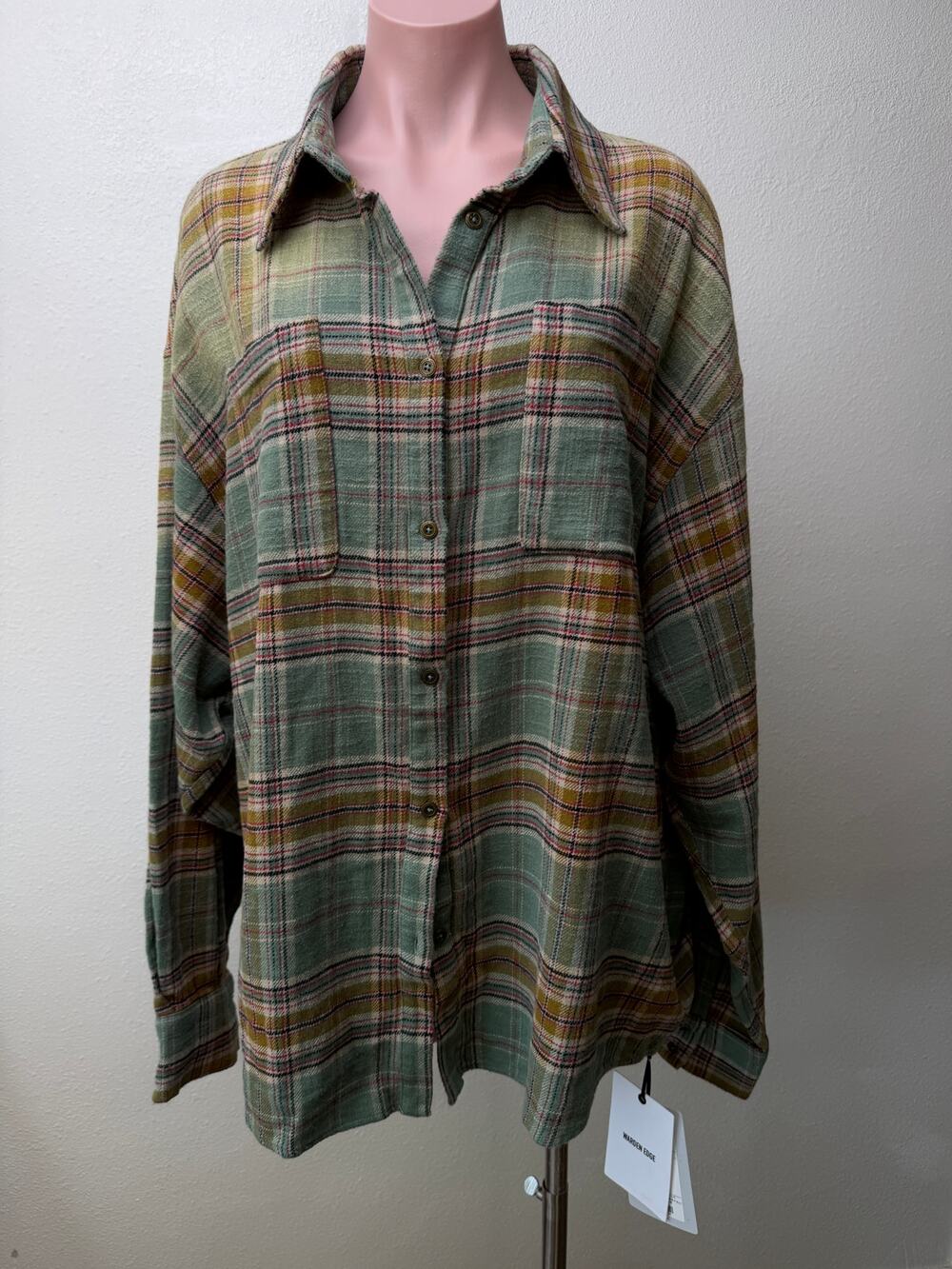 NWT Warden Edge Sage Plaid Oversized Shirt Women M